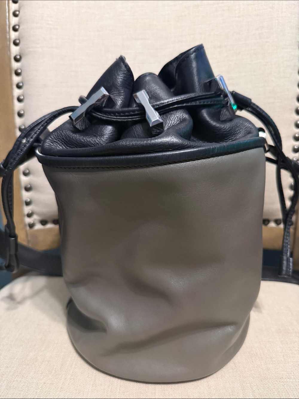 & Other Stories Grey and Black Leather Drawstring Bucket Crossbody Bag
